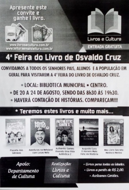 4ª Feira do Livro de Osvaldo Cruz começa nesta segunda-feira