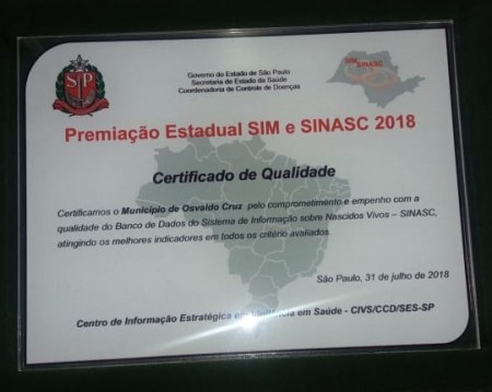 Secretaria de Saúde de Osvaldo Cruz recebe prêmio em São Paulo