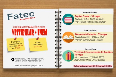 FATEC Adamantina abre cursinho gratuito preparatório para vestibular e ENEM
