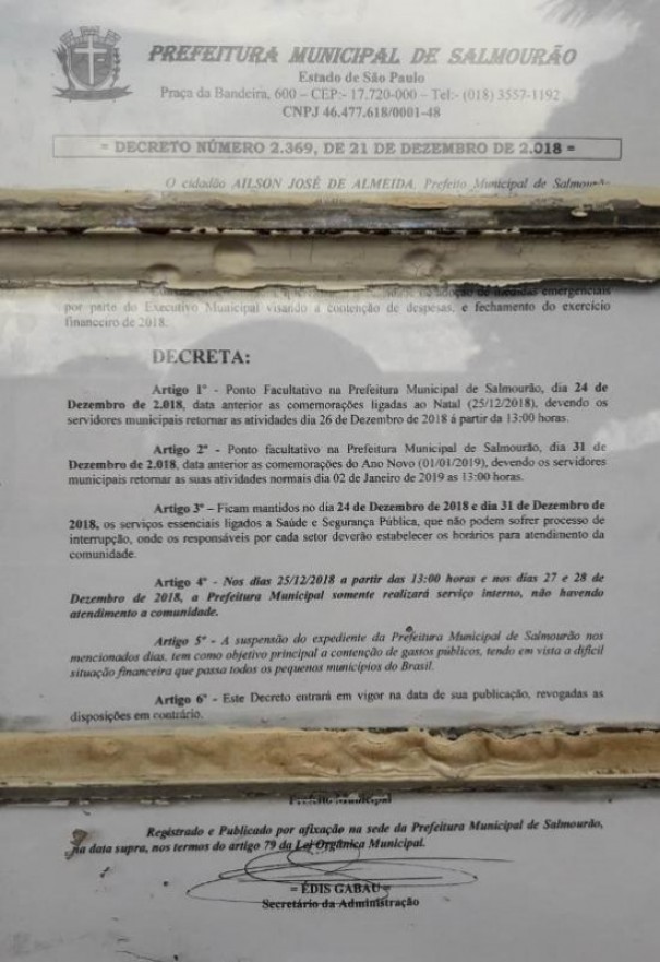 Prefeitura de Salmouro decreta ponto facultativo e suspende atendimento na ltima semana de 2018