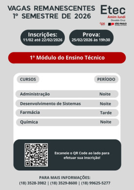 Etec Amim Jundi de Osvaldo Cruz divulgas vagas remanescentes 