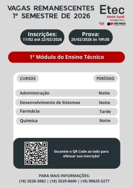 Etec Amim Jundi de Osvaldo Cruz divulgas vagas remanescentes 