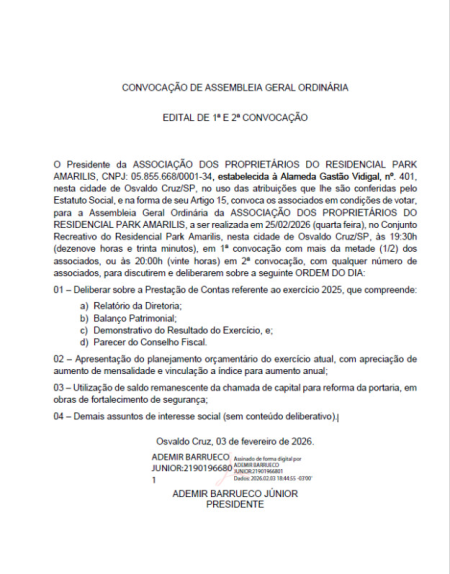 AssociaÃ§Ã£o do Residencial Park AmarÃ­lis convoca Assembleia Geral OrdinÃ¡ria para 25 de fevereiro