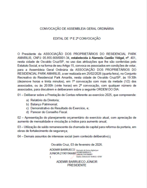 Associação do Residencial Park Amarílis convoca Assembleia Geral Ordinária para 25 de fevereiro