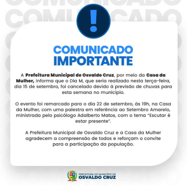 Prefeitura de Osvaldo Cruz adia edição do Dia M devido à previsão de chuvas