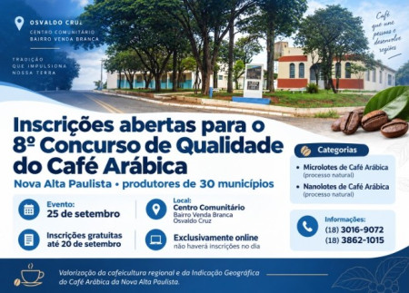 InscriÃ§Ãµes para o 8Âº Concurso de Qualidade do CafÃ© ArÃ¡bica da Nova Alta Paulista terminam neste domingo
