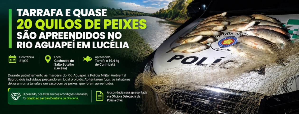 Tarrafa e quase 20 quilos de peixes sÃ£o apreendidos no Rio AguapeÃ­ em LucÃ©lia