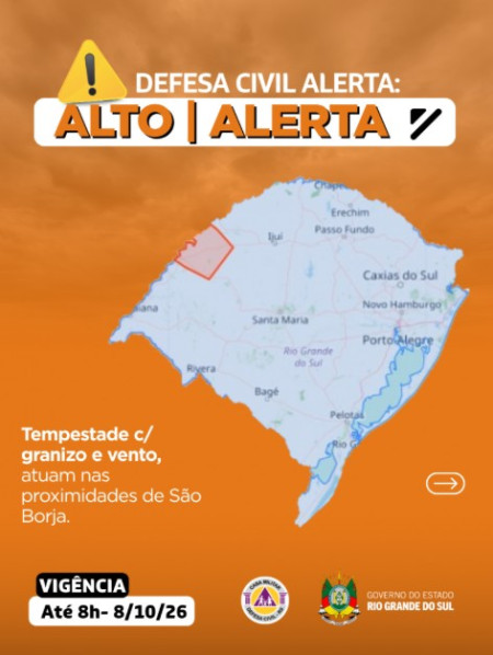 Defesa Civil alerta: condiÃ§Ã£o de ALERTA para tempestade c/ granizo e vento, atuam nas proximidades de SÃ£o Borja.