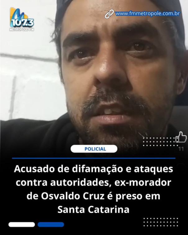 Ex-morador de Osvaldo Cruz, Kaio Henrique Sanches, é preso após descumprir decisão judicial 