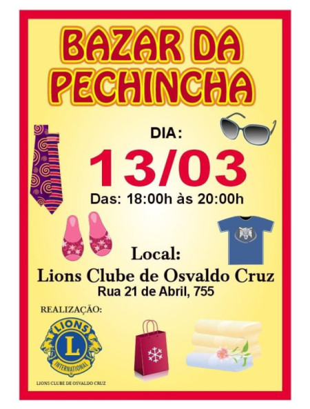 Lions Clube de Osvaldo Cruz promove Bazar da Pechincha nesta sexta-feira