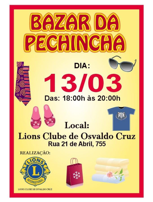 Lions Clube de Osvaldo Cruz promove Bazar da Pechincha nesta sexta-feira