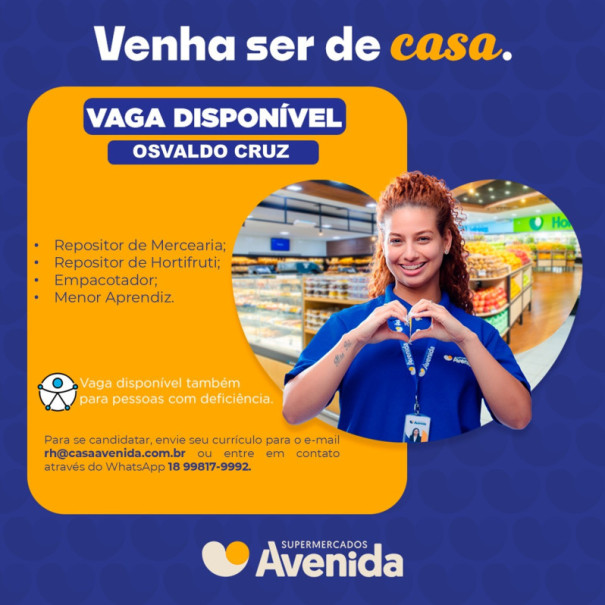 Supermercados Avenida está com vagas de emprego disponíveis em Osvaldo Cruz