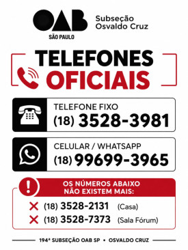 OAB Osvaldo Cruz informa atualizaÃ§Ã£o de contatos telefÃ´nicos da SubseÃ§Ã£o