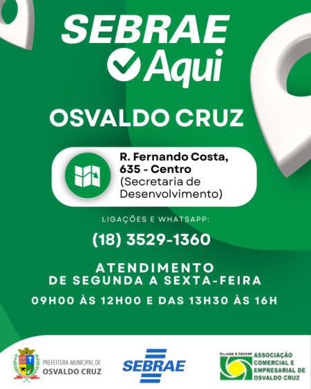 Sebrae Aqui Osvaldo Cruz oferece atendimento presencial e soluÃ§Ãµes estratÃ©gicas para otimizar gestÃ£o financeira, marketing e processos