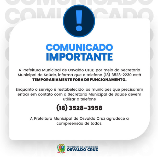 Secretaria de Saúde de Osvaldo Cruz informa instabilidade em telefone e divulga número provisório
