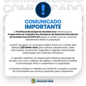 Prefeitura de Osvaldo Cruz anuncia canal de atendimento direto para a Cooperativa de Catadores (COOPCOC)