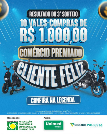 Confira os ganhadores do 3Âº sorteio da campanha âComÃ©rcio Premiado, Cliente Felizâ