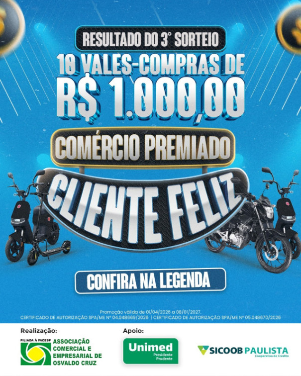 Confira os ganhadores do 3º sorteio da campanha ‘Comércio Premiado, Cliente Feliz’