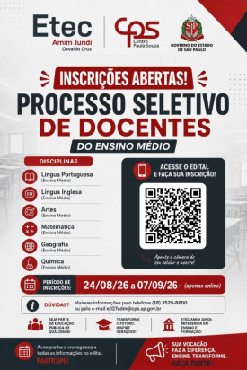 Etec Amim Jundi abre inscriÃ§Ãµes para processo seletivo de professores em Osvaldo Cruz