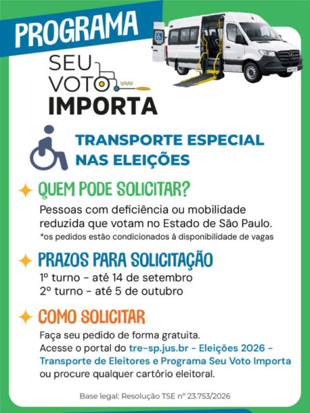 Eleitores com deficiÃªncia ou mobilidade reduzida de Osvaldo Cruz, Sagres e ParapuÃ£ podem solicitar transporte gratuito no dia da eleiÃ§Ã£o