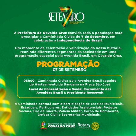 Osvaldo Cruz terÃ¡ âCaminhada CÃ­vicaâ para marcar o 7 de Setembro