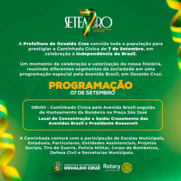 Osvaldo Cruz terá ‘Caminhada Cívica’ para marcar o 7 de Setembro