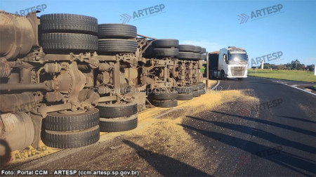 CaminhÃ£o tomba ao fazer curva de retorno, espalha farelo na pista e interdita rodovia de QuatÃ¡