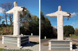 CaminhÃ£o colide e danifica braÃ§o da rÃ©plica do Cristo Redentor, em Bastos