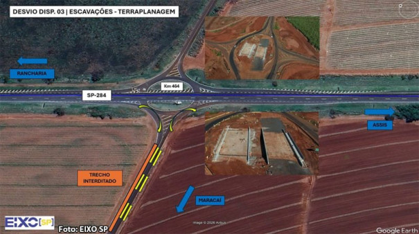 Eixo SP reforça alerta para trecho em obras na SP-284 no acesso a Maracaí