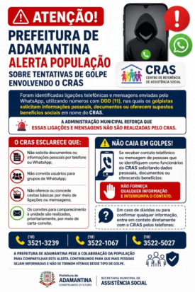 Prefeitura de Adamantina alerta para golpes em nome do CRAS e orienta moradores a redobrar atenÃ§Ã£o
