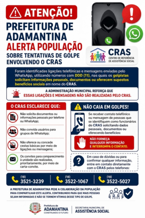 Prefeitura de Adamantina alerta para golpes em nome do CRAS e orienta moradores a redobrar atenção