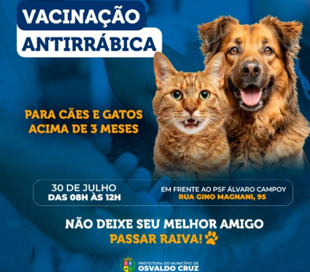 Osvaldo Cruz terá nova etapa de vacinação antirrábica e coleta para exame de leishmaniose 