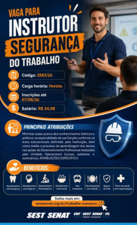 SEST/SENAT de Osvaldo Cruz abre vaga para Instrutor de SeguranÃ§a do Trabalho