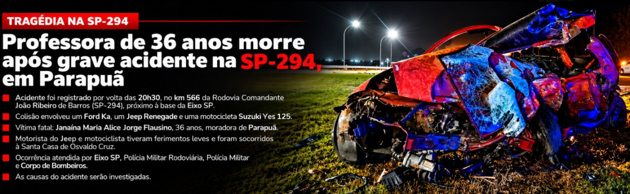Grave acidente deixa vÃ­tima fatal na SP-294 em ParapuÃ£