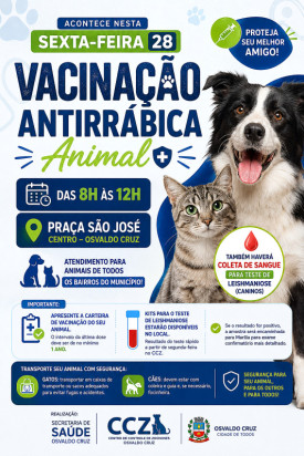 Osvaldo Cruz realiza mais uma etapa de vacinaÃ§Ã£o antirrÃ¡bica e testes de leishmaniose