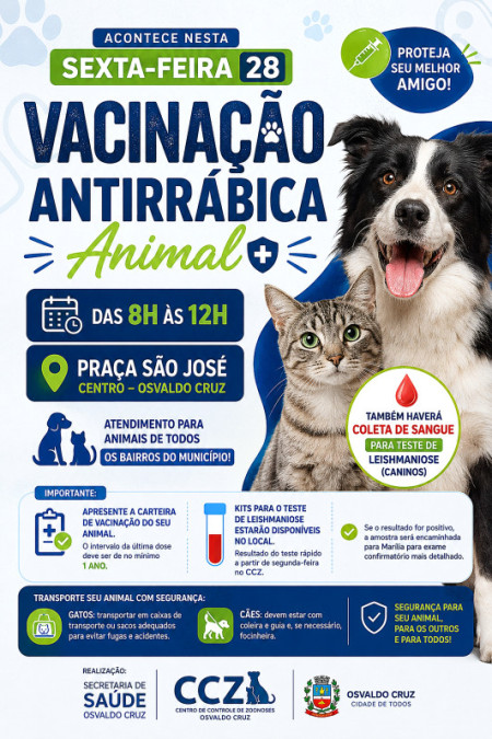 Osvaldo Cruz realiza mais uma etapa de vacinaÃ§Ã£o antirrÃ¡bica e testes de leishmaniose