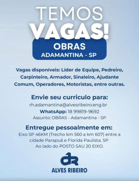 Construtora responsÃ¡vel por obras de duplicaÃ§Ã£o da SP-294 abre vagas de emprego em Adamantina