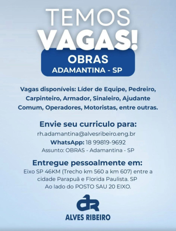 Construtora responsável por obras de duplicação da SP-294 abre vagas de emprego em Adamantina