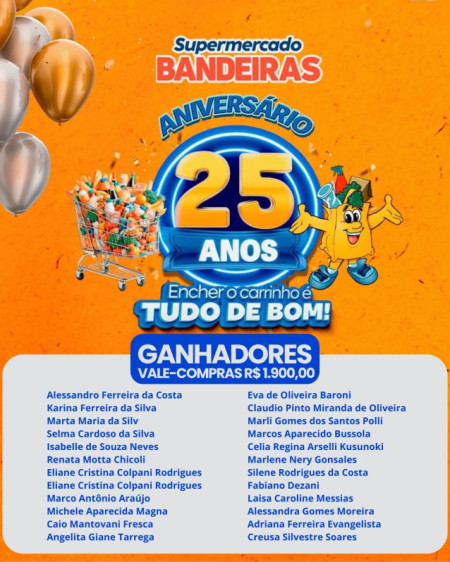 Confira os ganhadores do sorteio final da campanha de 25 anos do Supermercado Bandeiras
