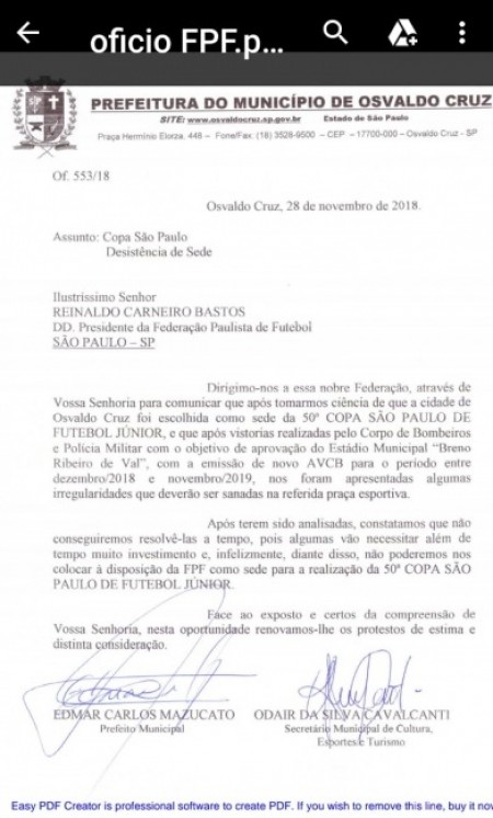 Em ofício, Mazucato diz que OC não tem condições de sediar Copa SP