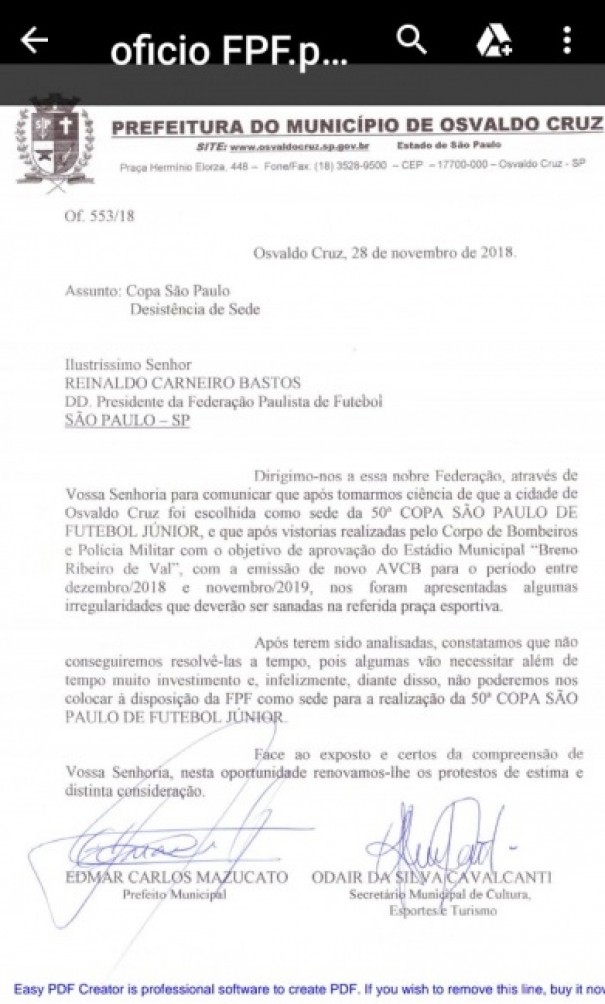 Em ofcio, Mazucato diz que OC no tem condies de sediar Copa SP
