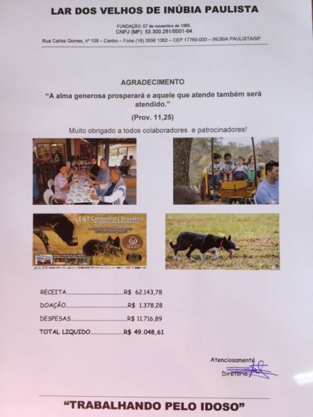 Campeonato de Cães de Pastoreio fez boa arrecadação para o asilo de Inúbia Paulista 