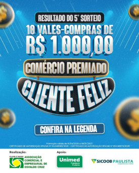 ComÃ©rcio Premiado, Cliente Feliz sorteia mais R$ 10 mil em vales-compras; confira os ganhadores