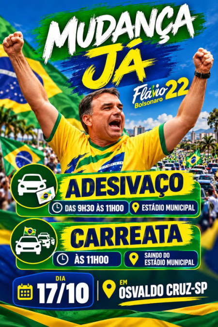 Apoiadores de FlÃ¡vio Bolsonaro organizam adesivaÃ§o e carreata neste sÃ¡bado (17), em Osvaldo Cruz