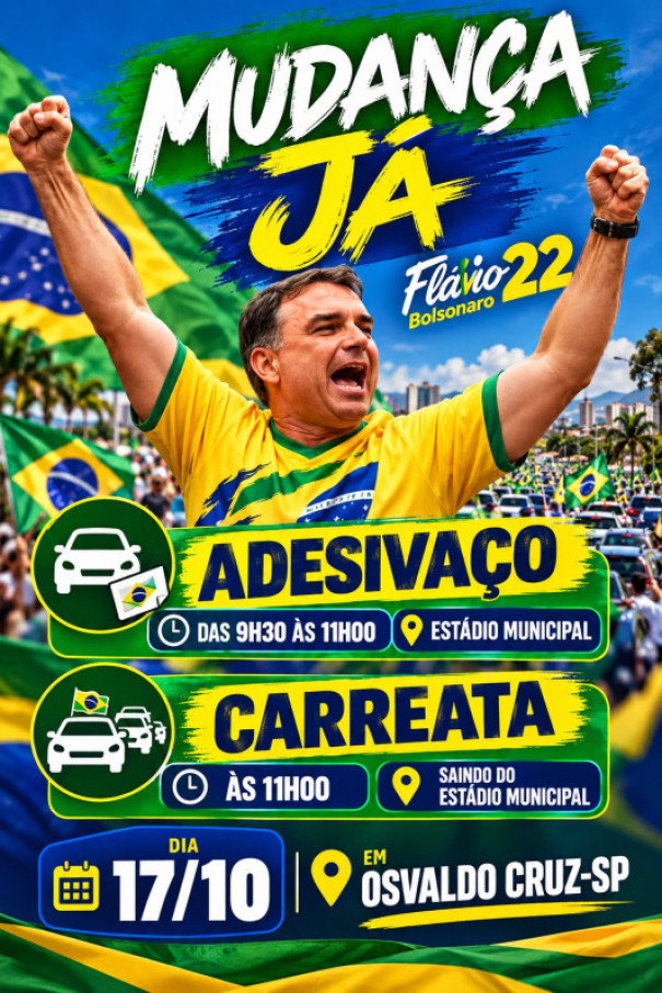 Apoiadores de Flávio Bolsonaro organizam adesivaço e carreata neste sábado (17), em Osvaldo Cruz